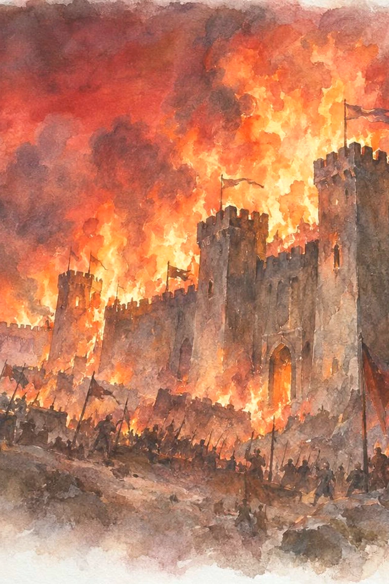 Conflagration: a castle burning, its walls and towers in fire red, in ink and watercolour.